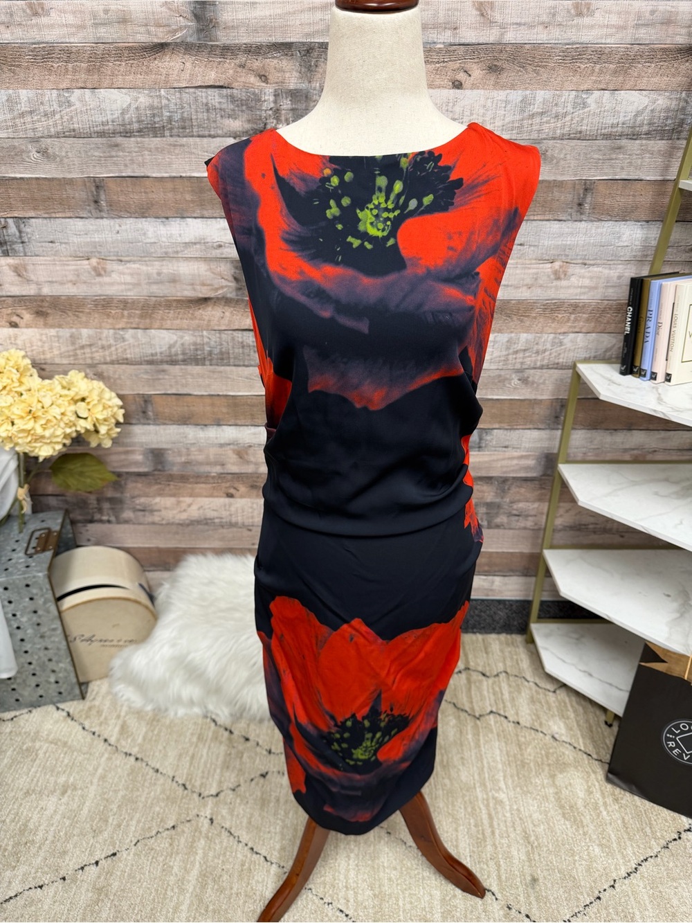Nicole Miller Red Floral Midi Dress 8